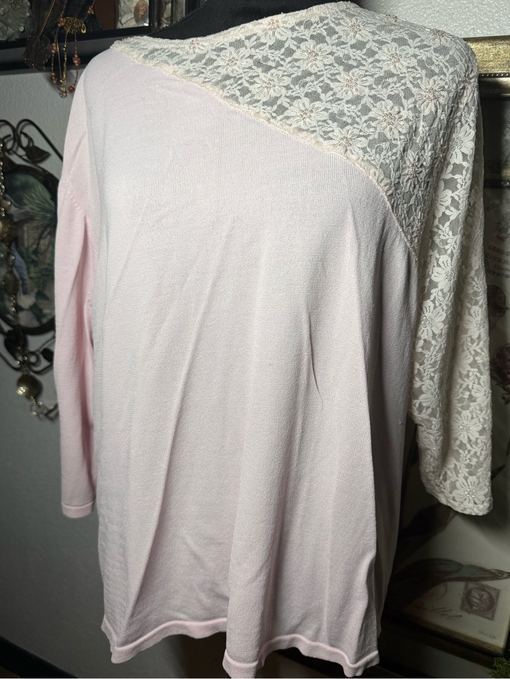 Bob Mackie Wearable Art Pink Lace Beaded Top Sweater Embellished •Size 1X•